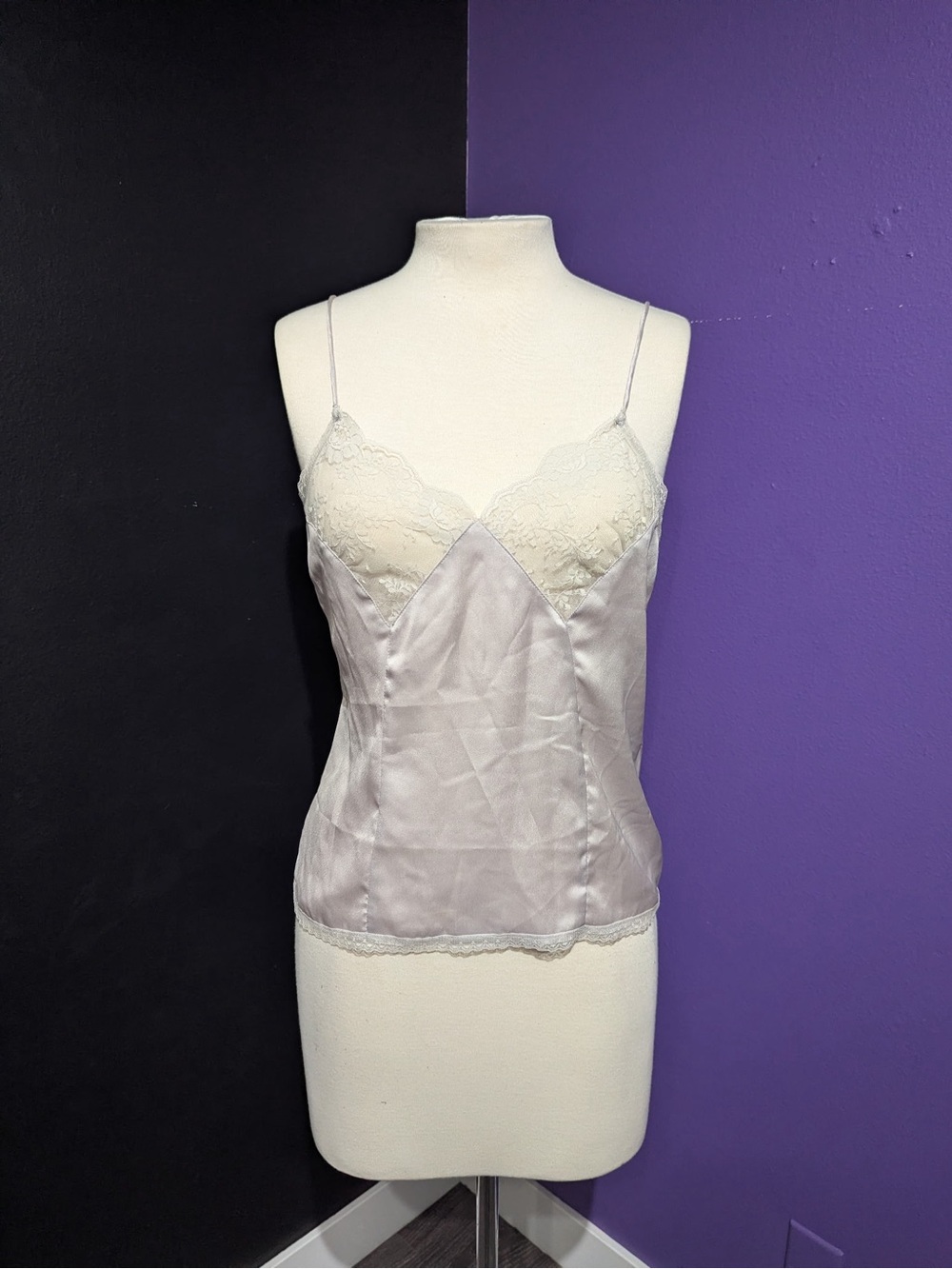 Cotton Candy Lace-Trim Satin Cami in Silver